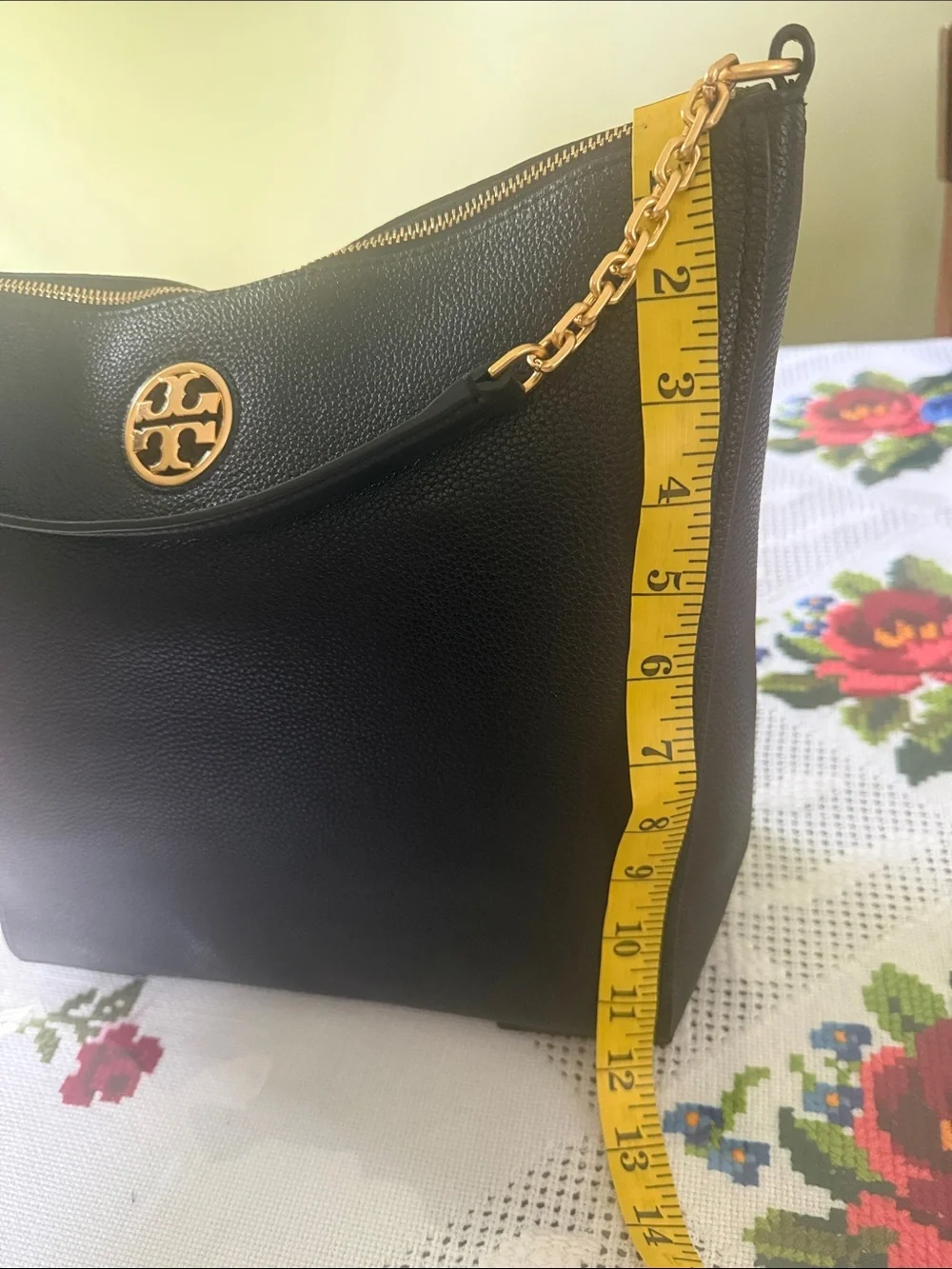 Tory Burch Black Pebbled Leather Shoulder Hobo with Gold Logo Chain